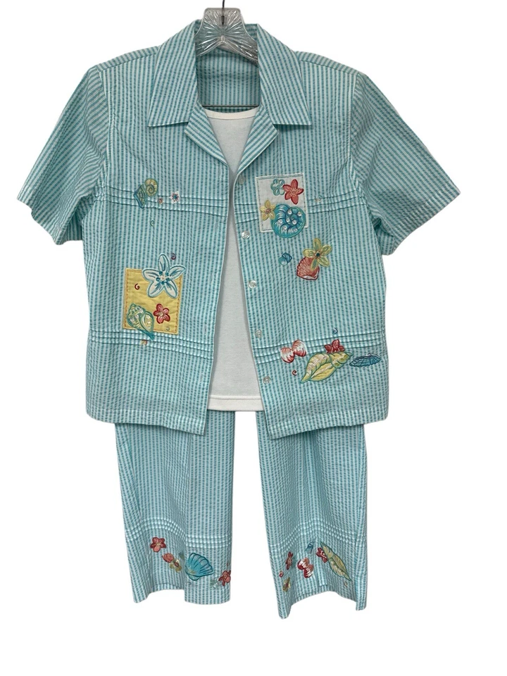 Conjunto de pantalón vintage Koret mujer talla pequeña verde azulado rayas Seersucker bordado náutico Foto 2 de 4