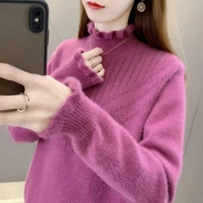 Women Winter Thick Pullover Sweater Long Sleeve Knitted Tops Half High Collar