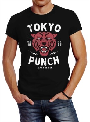 Herren T-Shirt Tigerkopf Print Vintage Style Japan Design Tokio Punch