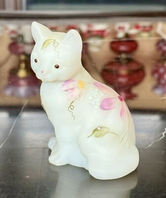 Fenton Glass Cat Figurine - Dewdrops Series- Opal Satin Painted w Crystal