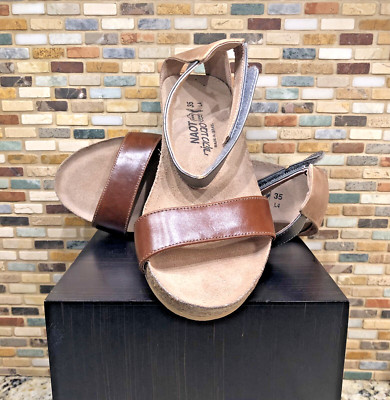 Naot Pixie Sandal Wedge Ankle Strap Anatomic Footbed, Brown & Pewter, New, Sz 35