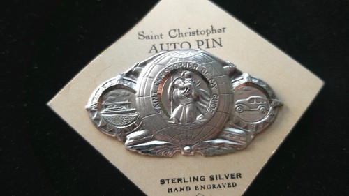 Vintage Saint Christopher Sterling Silver Auto Pin Hand Engraved New old Stock