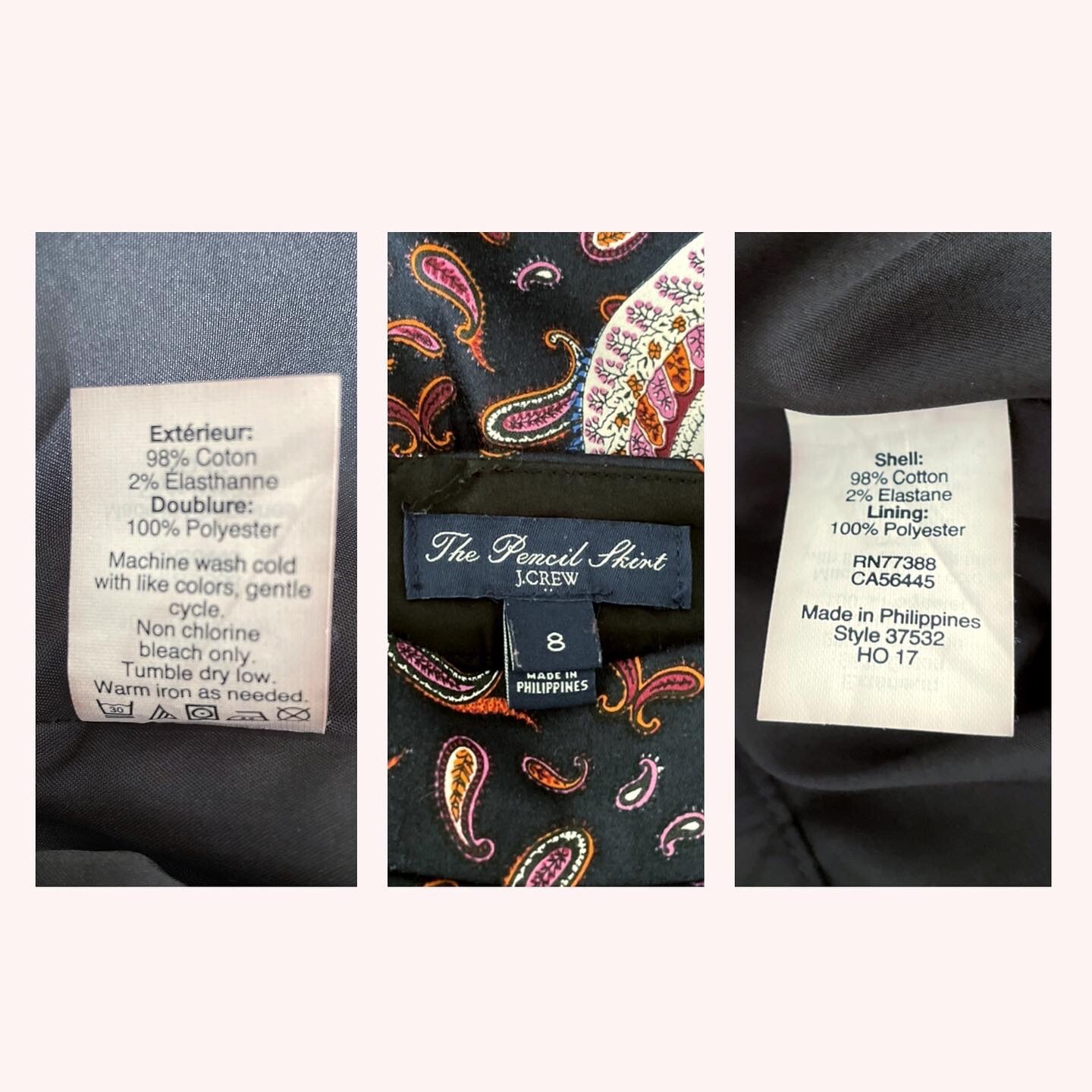 SIZE 8 | J. CREW | Pencil Skirt in Black w Red and Blue Paisley w Stretch