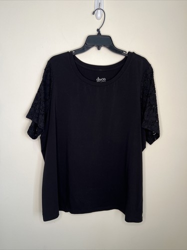 Denim & Co. Damen 2X schwarz kurz Spitze Typ Ärmel Pop Over Top neu ohne Etikett
