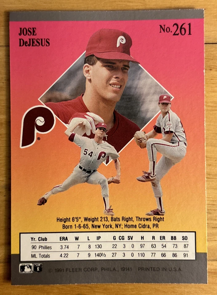 Tarjeta de béisbol Fleer Ultra Jose DeJesus 1991 #261 Phillies Pitcher grado medio excelente Foto 2 de 2