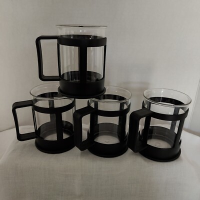 PRIMULA GLASS COFFEE-TEA MUGS BLACK PLASTIC HANDLE SET OF 4