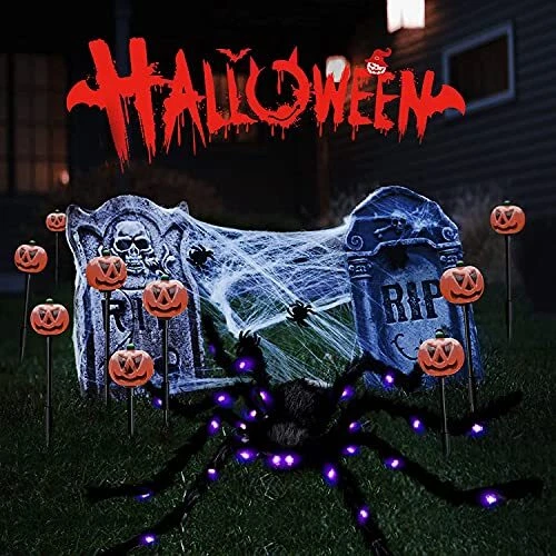 Halloween Spider Decorations, Aitey Halloween Scary Giant Spider Set with 4  Large Fake Spider, Spider Web, 20 Small Plastic Spiders, Cobwebs for