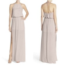 Boho Beige Tie Back Halter Maxi Dress SMALL Side Slit Womens Bridal