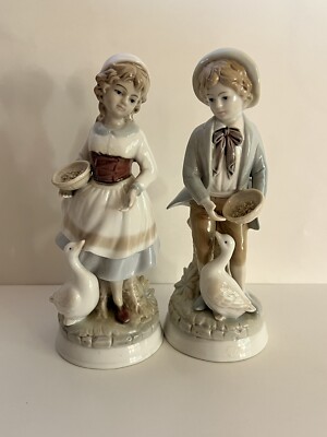 Pair of Vintage Lenwile Ardalt Hand Painted Porcelain Figures Boy & Girl w/Geese
