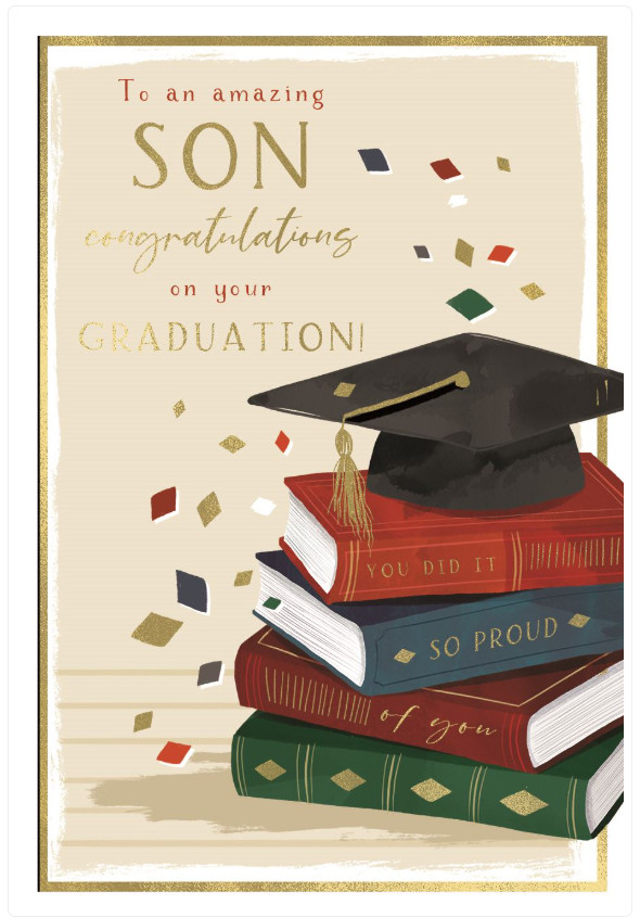 Graduation Card SON Congratulations. 9"" Card, Gold embossing, Paper pages inside