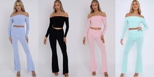 Womens Ruched Bardot Top Flare Trousers Two Piece Sexy Party Co Ord outfit Set