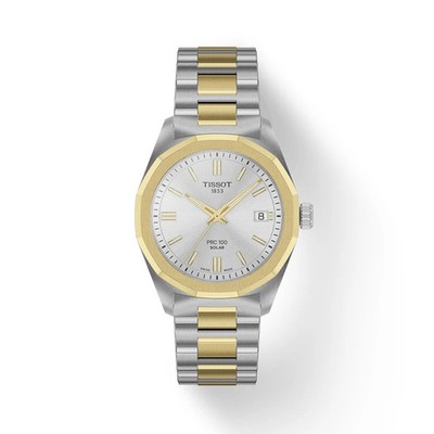 Tissot PRC 100 Solar 34mm Silver Dial Two Toned Watch T1518222203100