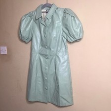 Reclaimed Vintage Uk 8 Pale Green Pleather Button Up Collared Dress