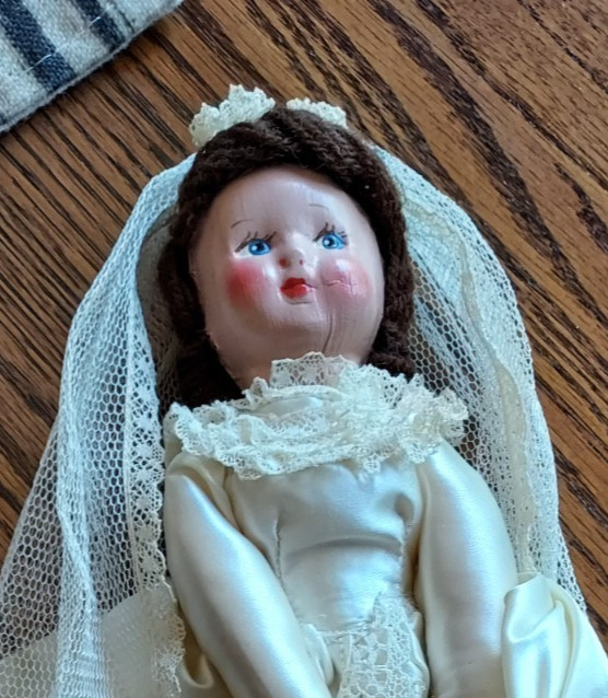 VTG Composition 13" Bride Doll Jointed, Painted Face, Blue Eyes Brown Hair