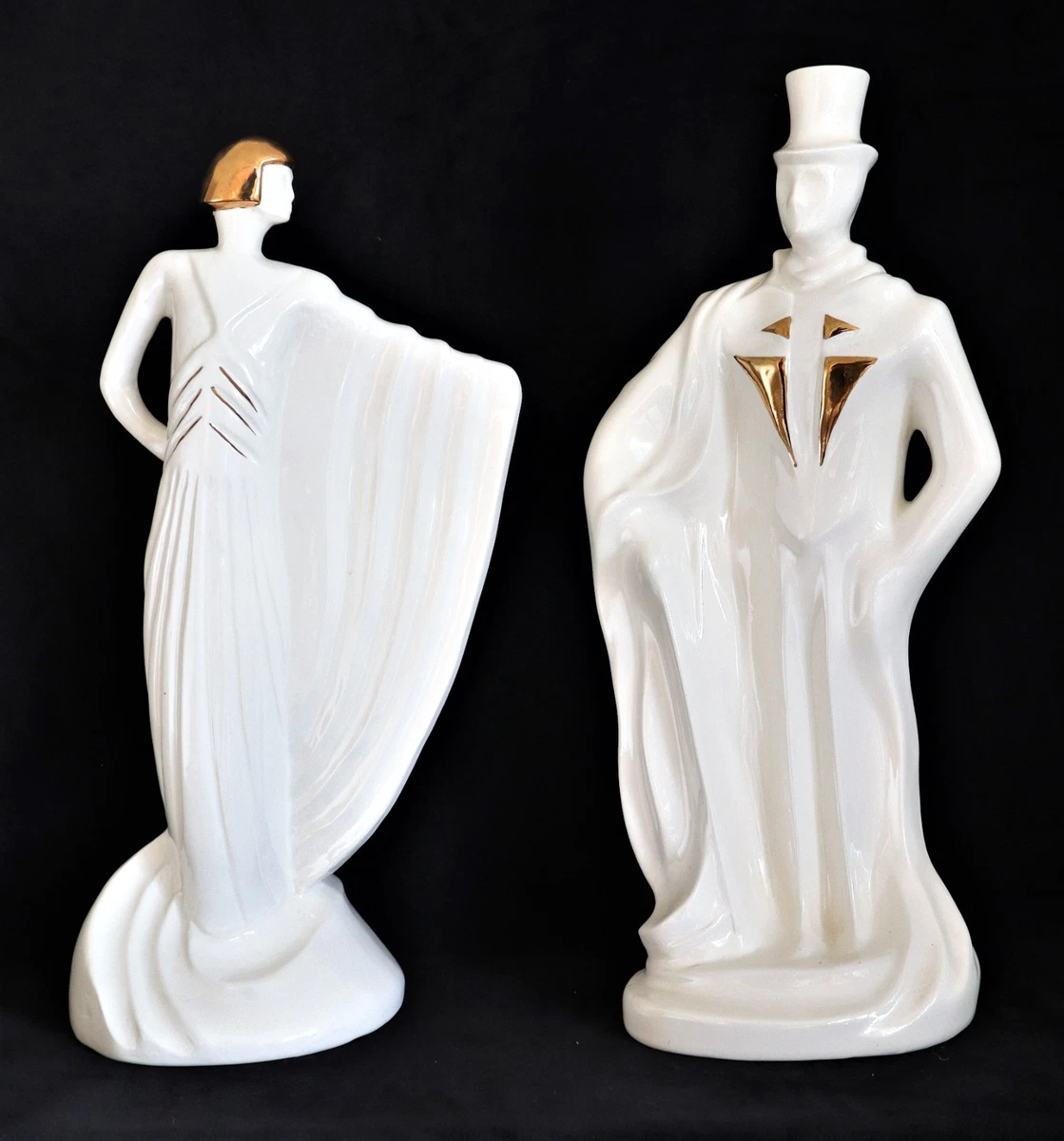 Vintage Mid Century Art Deco Style Pair of white & Gold Ceramic Figurines