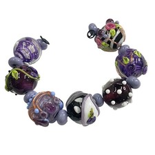 Handmade Lampwork Purple Raised Flowers Multicolor Artisan Glass Set of 7 Beads