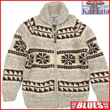 Made In Canada Kanata Men'S L Cowichan Sweater Gray Snow Pattern Wool Hand Knit