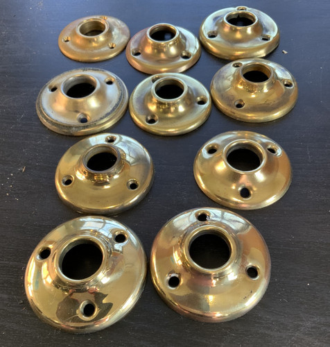 10 Antique 2" brass door knob escutcheons - colonial traditional, 3 screw holes