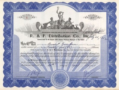 R. and F. Distribution Co., Inc. - Certificate number 1 - 1951 dated Stock Cer