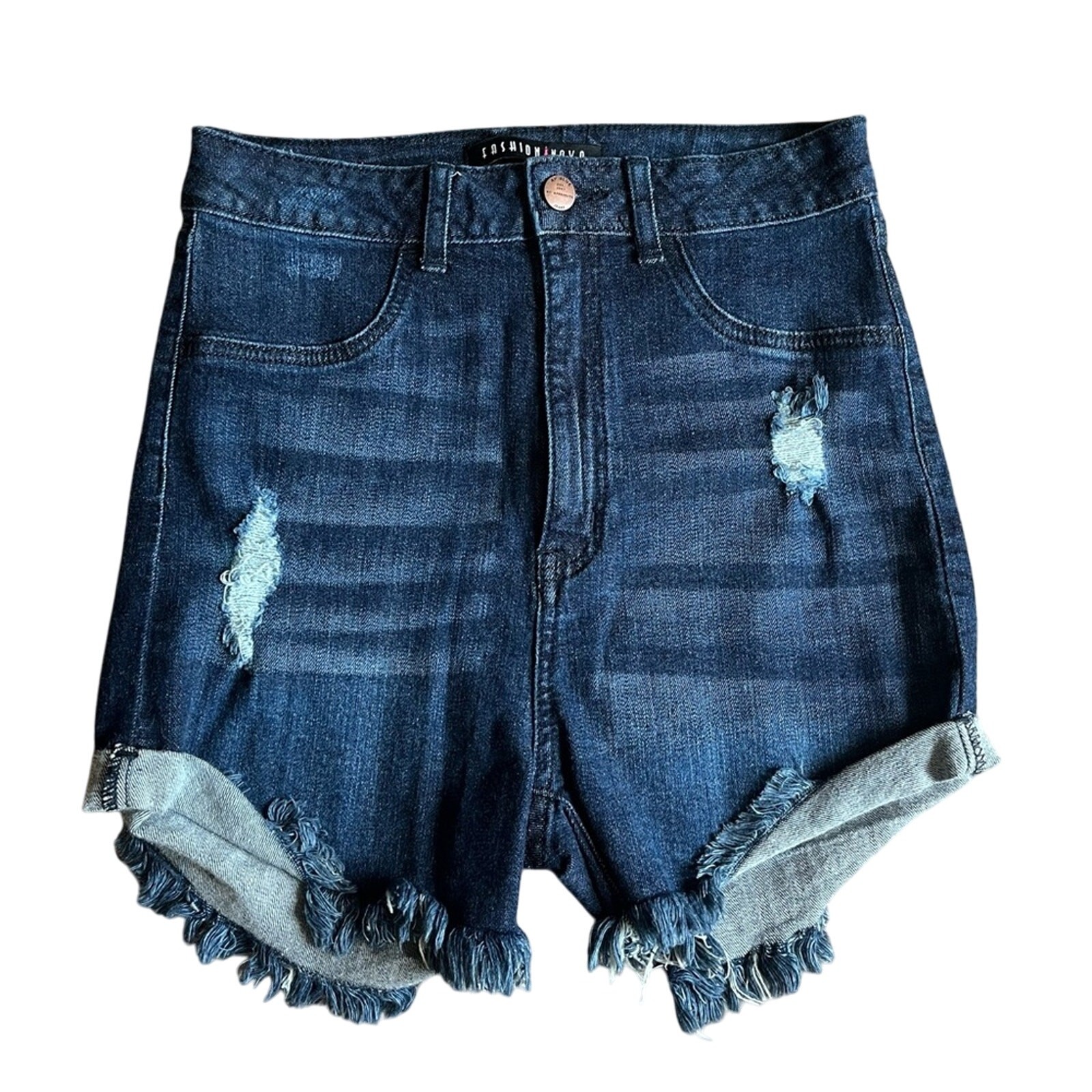 Fashion NOVA Distressed Dark Wash Indigo High Rise Jean Shorts Size 5
