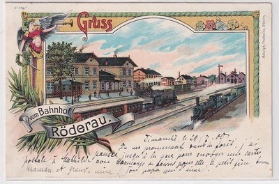 54105 Postcard Lithograph Greeting from Röderau Station with Trains 1900