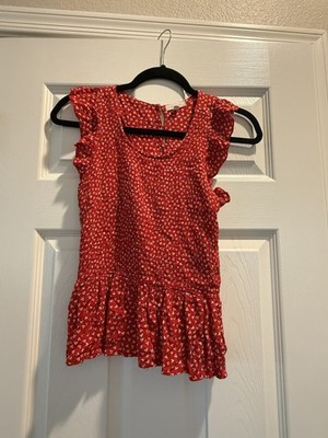 Sim & Sam red white floral blouse cap flutter sleeves & ruffle bottom size M