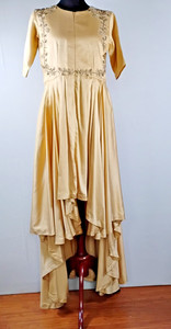 Nazila Couture sz Med Heavy Silk Gold High-Low Runway Gown  Embroidered & Beaded