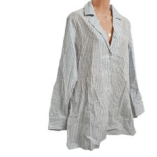 Nasty Gal Women Size 10 Button Up Top Tunic Blouse Shirt White Striped Cotton