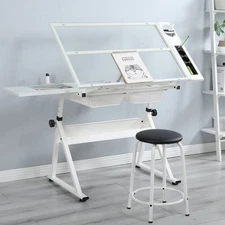 WHITE 31.5"-49.5" adjustable tempered glass drafting printing table with chair