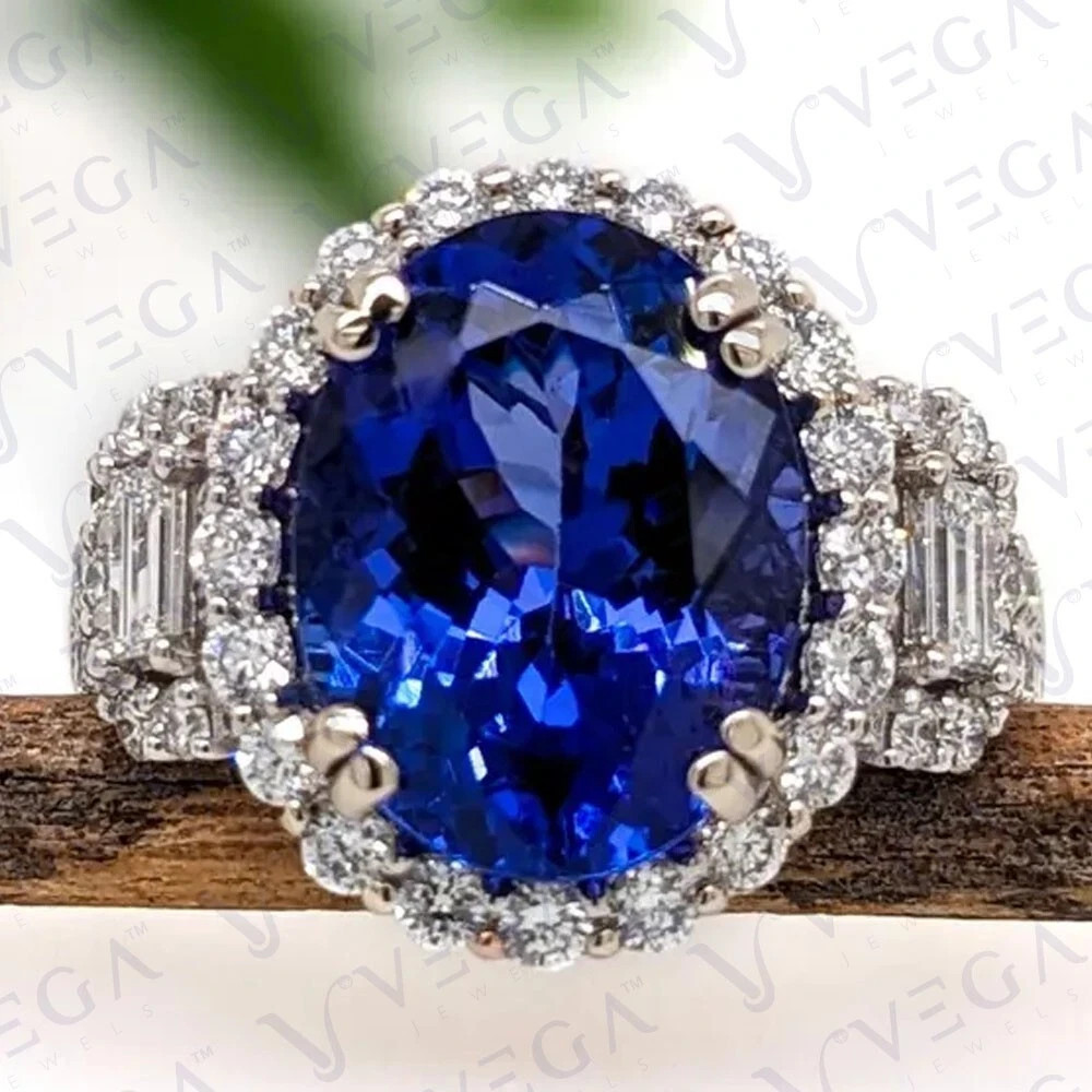 5.32 Ct Oval Cut Natural Tanzanite & Diamond 100% Real 14k SOLID White Gold Ring