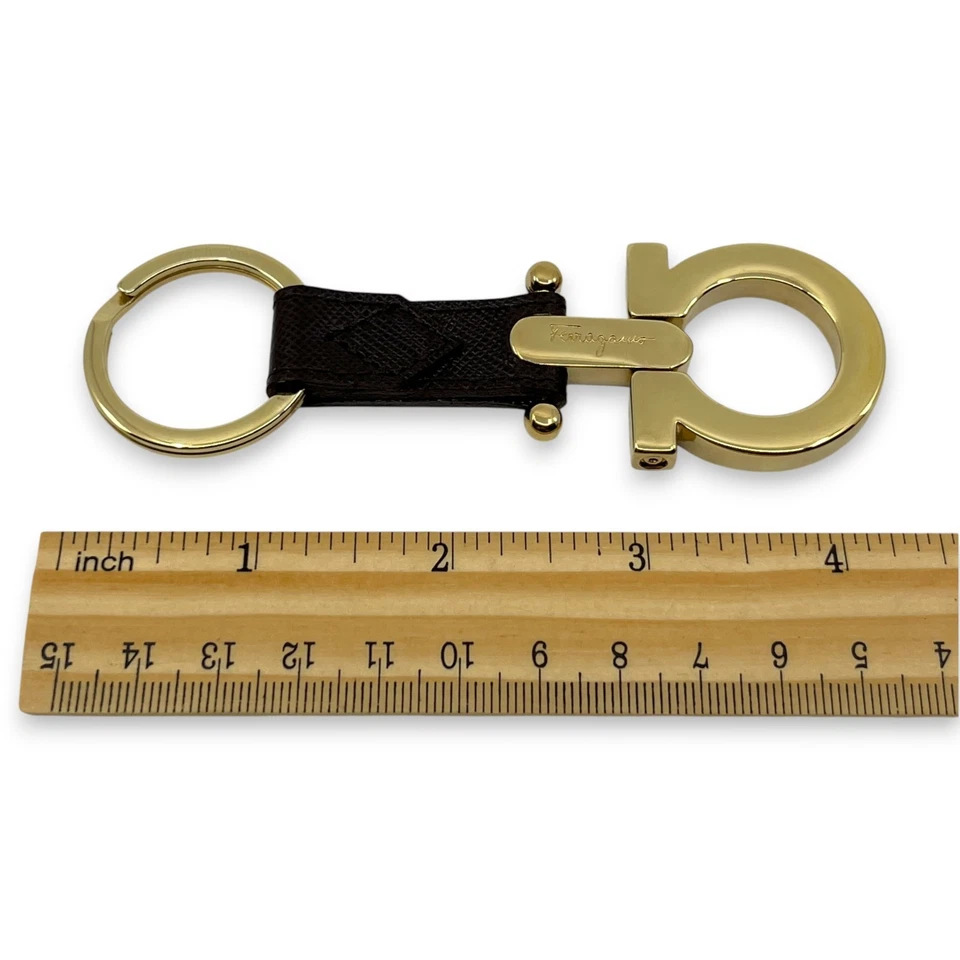 Salvatore Ferragamo Gold-Tone Gancini Key Ring Charm Dark Brown Leather w/ Box - Image 4 of 4