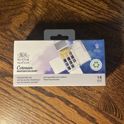 Winsor & Newton Cotman Watercolor Paint Set Field Pocket Set 12 Half Pan w/ B...
