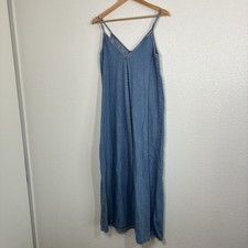 Zara Dress Womens XS Blue Denim V Neck Maxi Trapeze Swing Strappy Sundress