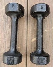 Vtg. RARE Pair (2) 6 Lb. each HOFFMAN Round Head Cast Iron  DUMBBELLS Stamp USA