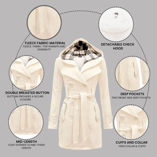 New Women Check Hood Duffle Style Hooded Fleece Comfortable Belted Long Coat - Picture 32 of 43