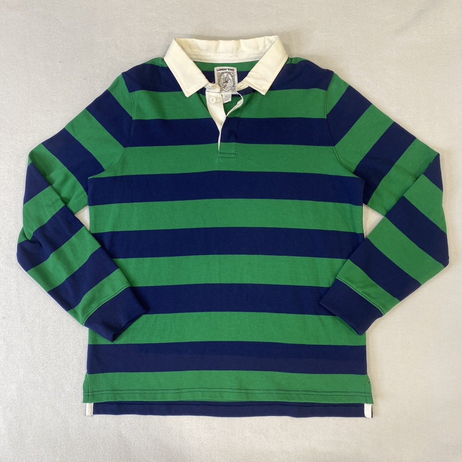Vintage Lands’ End Rugby Shirt Men’s XL Green Blue Striped Made in USA