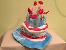 PLUSH HAPPY BIRTHDAY CAKE HAT WITH CANDLES , BLUE AND PINK, ADULT SIZE, EUC