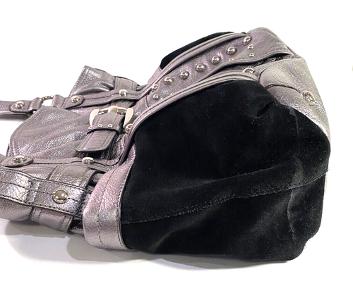 B Makowsky Bag Silver Pebbled Leather Purse Studded Black Suede Satchel Tote - Picture 17 of 23