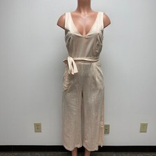 Lucky Brand Women Pink Striped V-Neck Tie Waist Wide Leg Cut Out Back Jumpsuit S