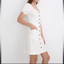 NEW Madewell Dress Linen Puff Sleeve Mini Smocked Tortoise Button Pockets 14W