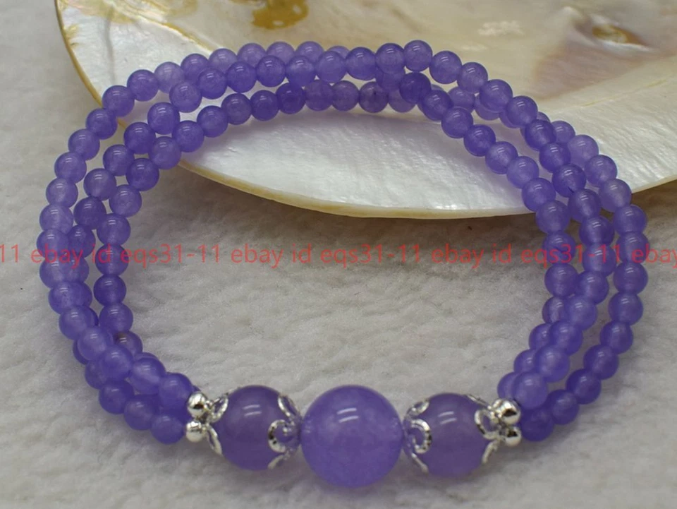 Brazalete de gemas de plata tibetana elástica cuentas de jade púrpura natural 3 filas 4 mm 7,5"" Foto 2 de 4