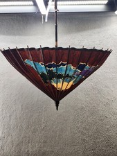 Vintage / Antique Asian Wood Bamboo Hand Painted Umbrella For Parts Or Repair