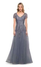 La Femme Slate Blue Shimmer Embroidered Tulle A-Line Gown Size 16 619