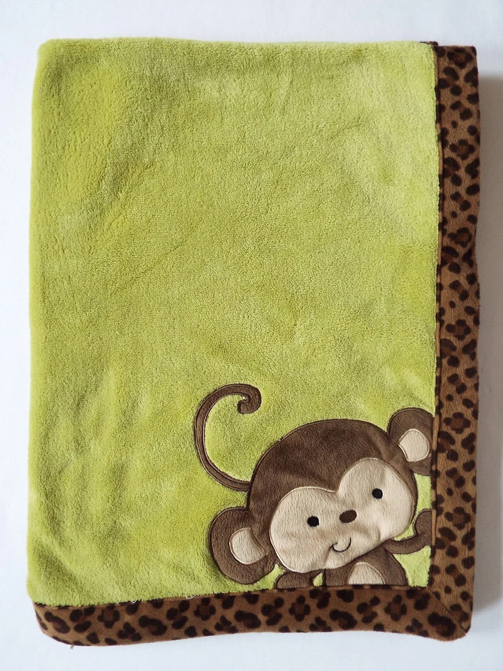 Nojo Lime Green and Brown Monkey Leopard Animal Print Baby Blanket 30x40" - Image 1 of 4