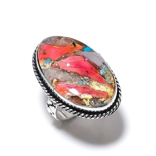Bague Cocktail Argent 925 Et Turquoise Huître épineuse - Taille 5,5, Deux Tons, R-1589