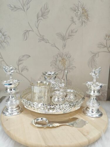 German Silver Pooja Thali Set 10 Pieces for Housewarming/Diwali Pooja/Gift Item