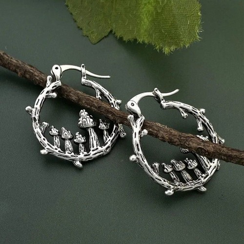 Vintage Style Antique Silver Bohemian Mushroom Hoop Earrings Mushroomcore NEW - Picture 2 of 5