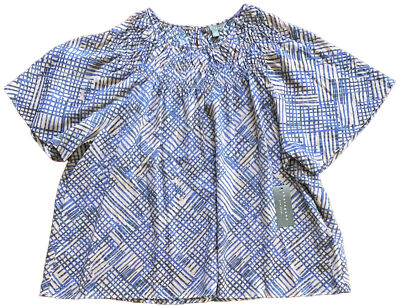 Sharagano Pale Peach & Navy Collarless Pullover Top Women's XL Gauzy Fabric NWT