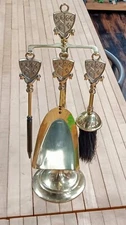 Vintage Brass Fireplace Tool Set w/ Stand – 3 Pc 17.5" Tall Crest Handles