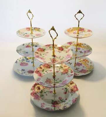 3 Etagen Keramik Vintage Blumen Display Kuchenständer Nachmittagstee Veranstaltungen Catering 